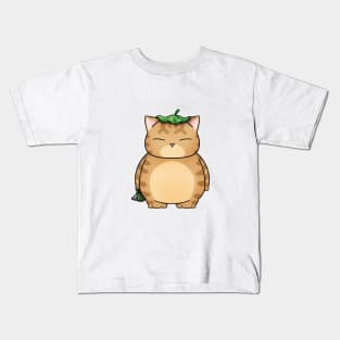 Fat Orange Cat with Leaf Umbrella Kids T-Shirt